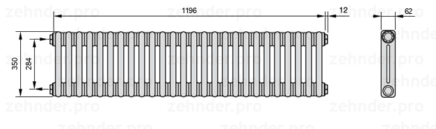 Схема (чертеж) Радиатор Zehnder Charleston 2035/26 №1270 Белый глянцевый RAL 9016